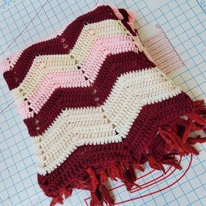 Chevron Zig Zag Crochet Afghan Blanket Throw Pink Red 65"x56" Handmade Vintage